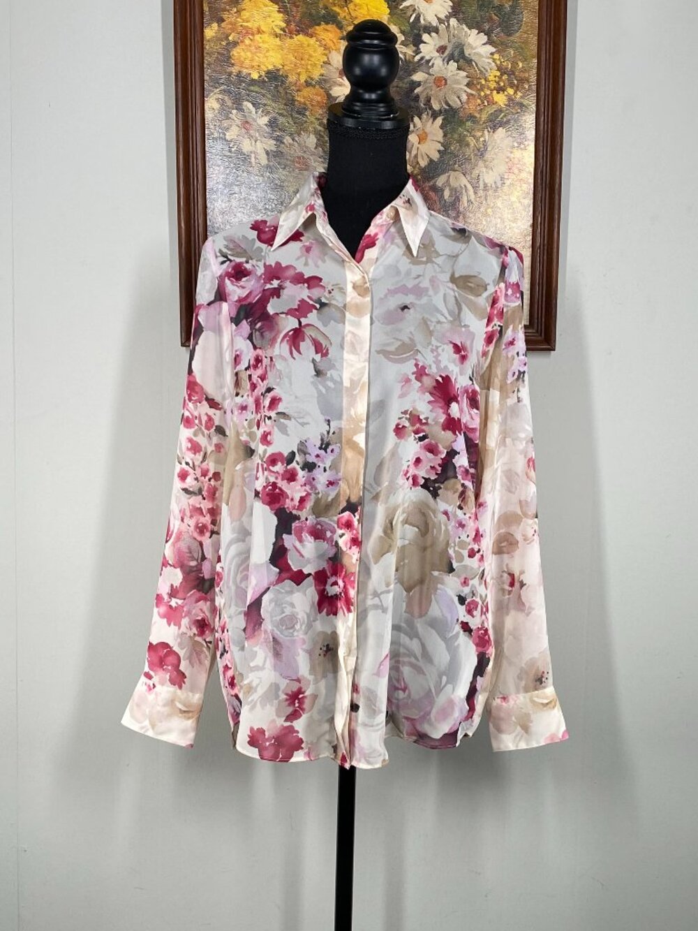 Chaps Button Up Blouse Top Women's Small Multicolor Floral Pleated Back